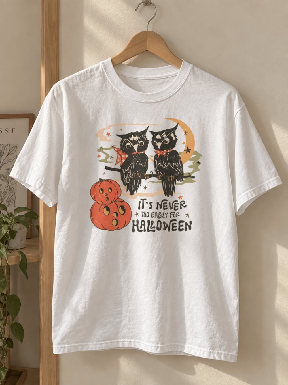 Halloween Cat Graphic T-Shirt, Vintage Owls and Pumpkin Spooky Fall Tee